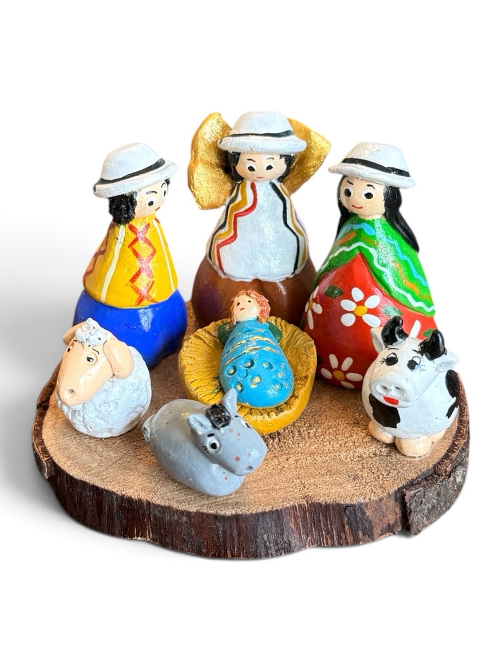Vintage Peruvian Folk Art Miniature Nativity Set Hand Painted-Clay and Wood